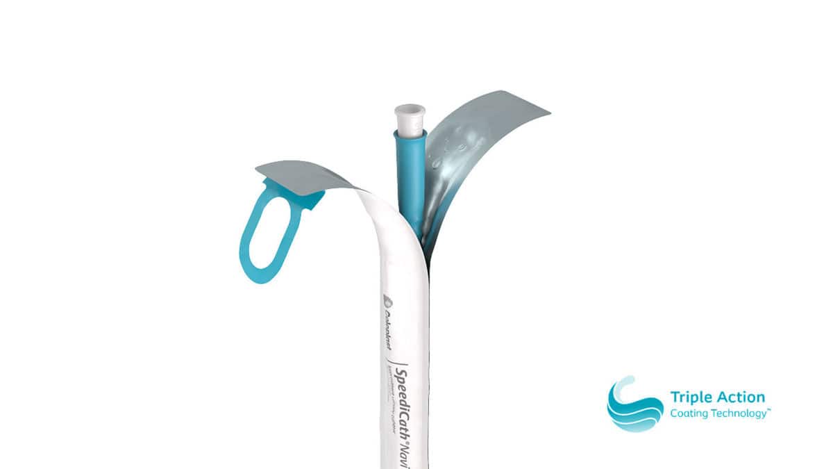 Nærbilde av øverste del av SpeediCath® Navi med åpnet forpakning, som viser kateterets gripehåndtak